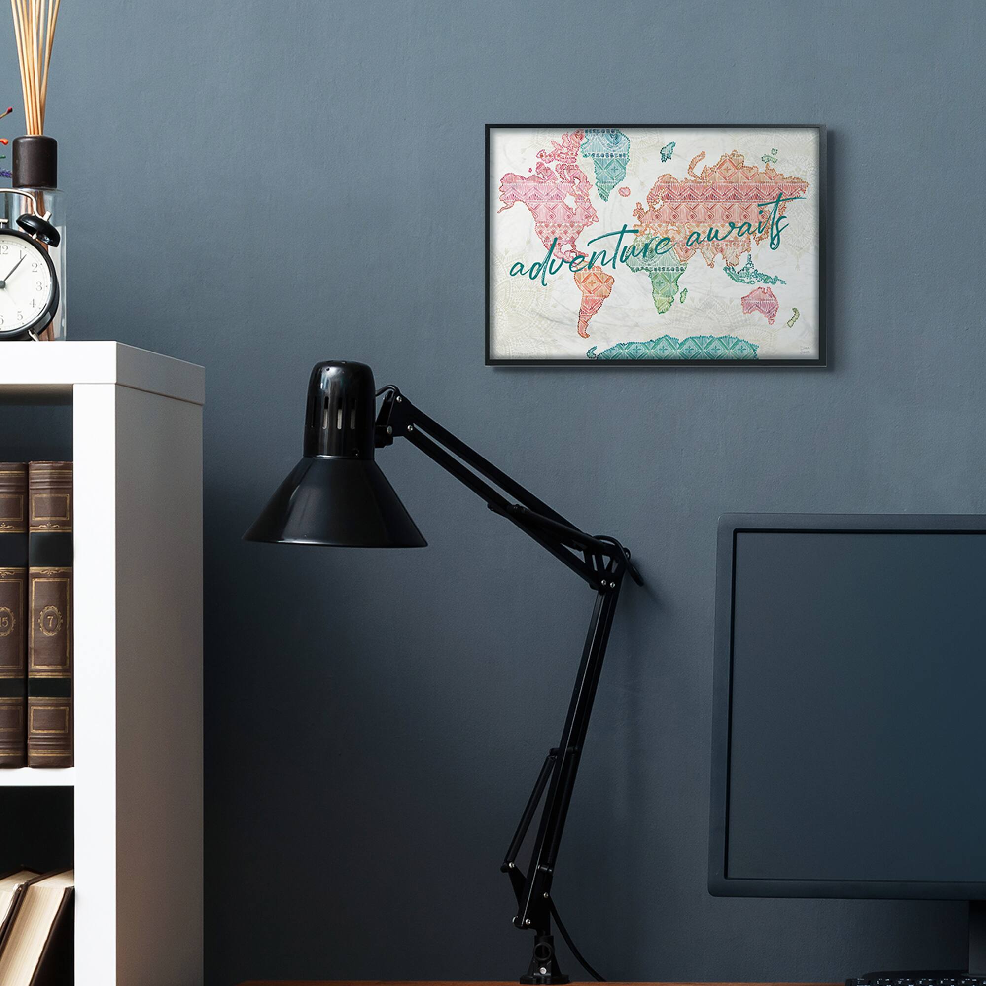 Stupell Industries Adventure Awaits Phrase Macrame Pattern World Map in Black Frame Wall Art